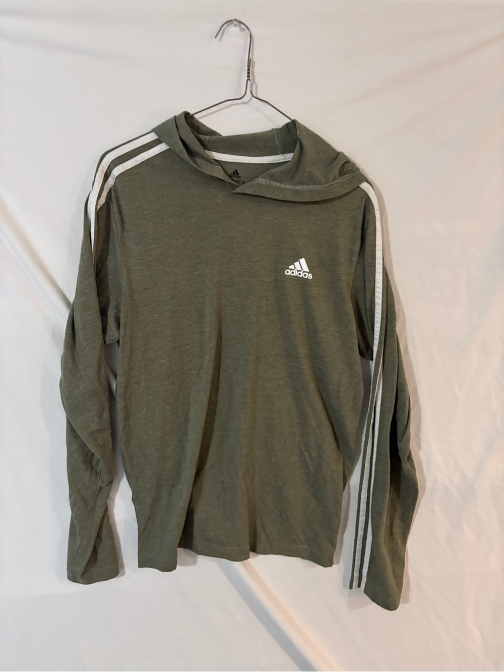 adidas Olive Green Long Sleeve Hooded Shirt with White Stripes